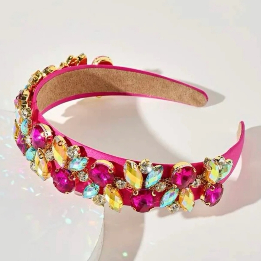 Elegant Baroque Vibrant Pink, Lemon & Aqua Gold Multi-Colored Jeweled Headband - Picture 3 of 4